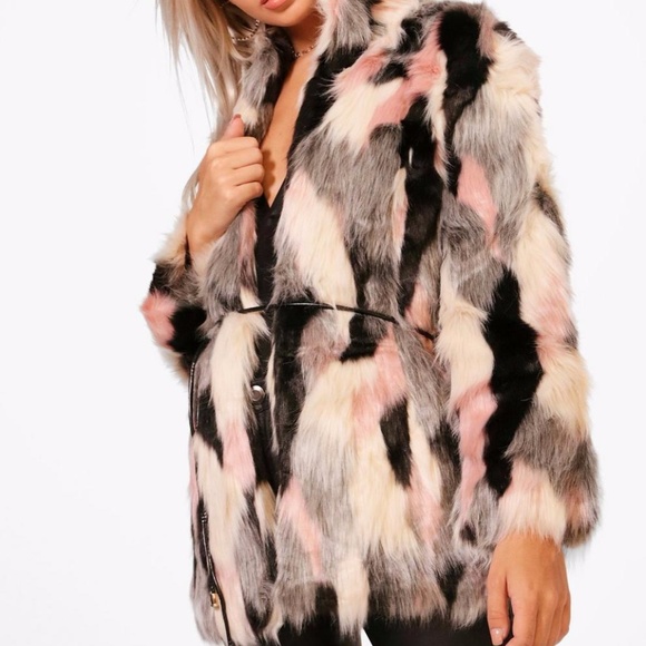Boohoo Jackets & Blazers - Boutique Emma Patchwork Faux Fur Coat With PU Belt
